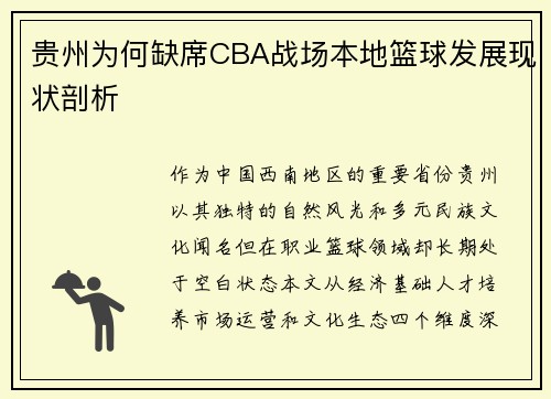 贵州为何缺席CBA战场本地篮球发展现状剖析